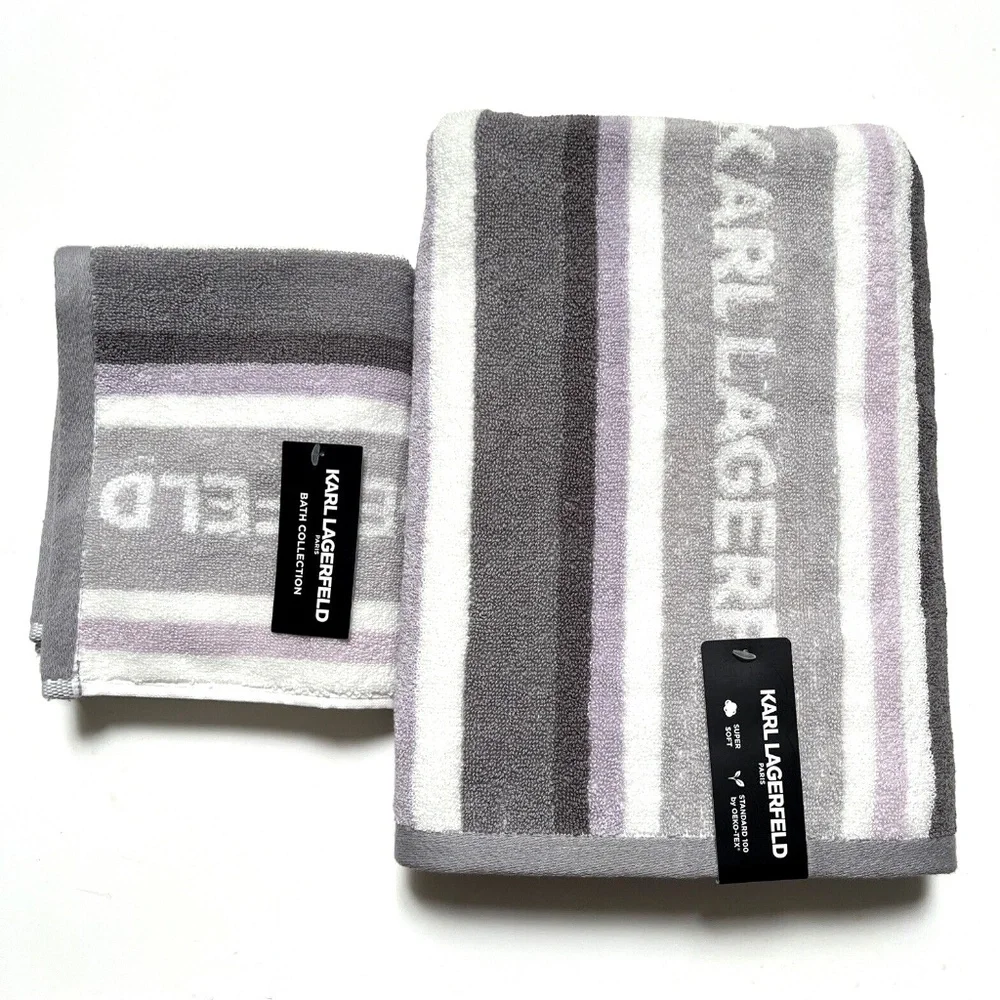 Karl Lagerfeld 2pc Cotton Bath & Hand Towel Set Gray Lavender White NWT